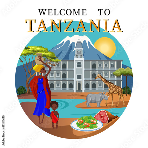 
Tanzania illustration set. Map, national clothes, people, food, architecture, attractions of Tanzania. Vector