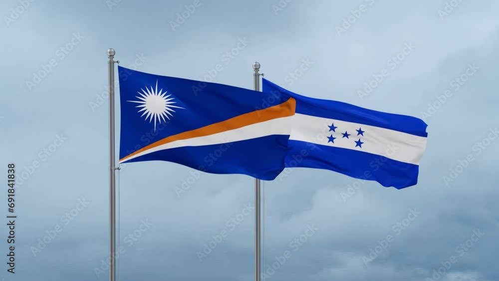 Honduras flag and Marshall Islands flag waving together on cloudy sky, endless seamless loop, two country relations concept Honduras flag and Marshall Islands flag waving together on cloudy sky, endless seamless loop, two country relations concept
