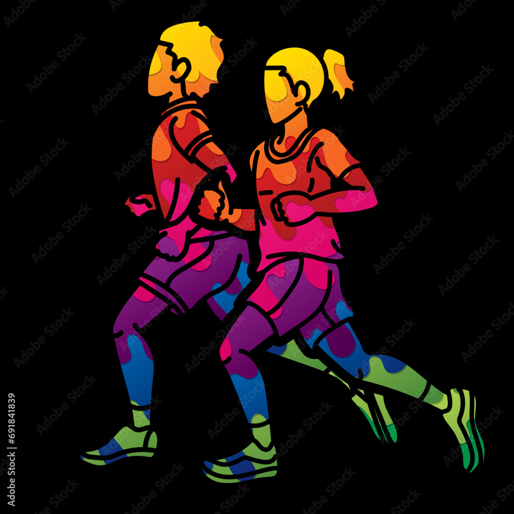 Group of Children Start Running Runner Action Jogging Together Cartoon Sport Graphic Vector