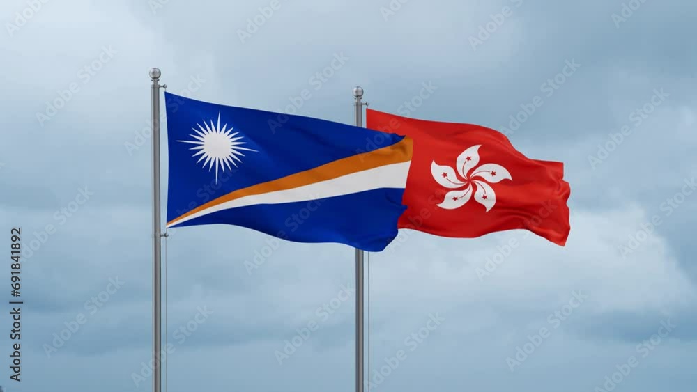 Hong Kong flag and Marshall Islands flag waving together on cloudy sky, endless seamless loop, two country relations concept Hong Kong flag and Marshall Islands flag waving together on cloudy sky, endless seamless loop, two country relations concept