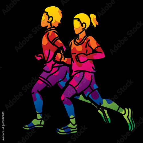 Group of Children Start Running Runner Action Jogging Together Cartoon Sport Graphic Vector