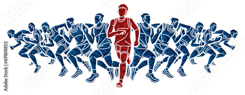 Group of Men Start Running Runner Action Jogging Together Cartoon Sport Graphic Vector