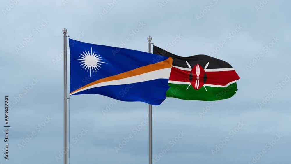 Kenya flag and Marshall Islands flag waving together on cloudy sky, endless seamless loop, two country relations concept Kenya flag and Marshall Islands flag waving together on cloudy sky, endless seamless loop, two country relations concept