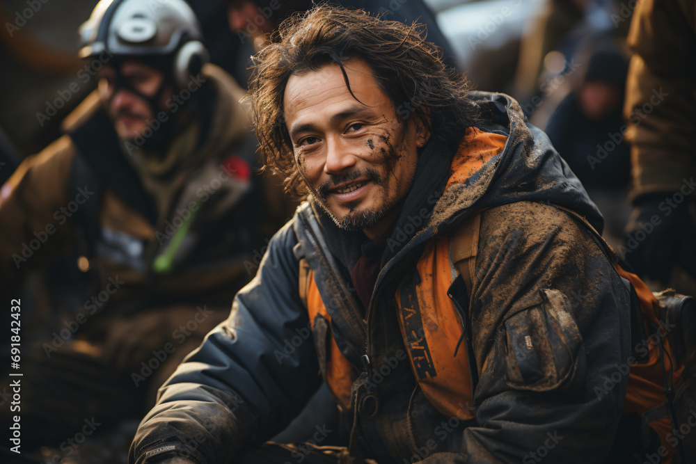 A Man of rescue team helping people in scenes with extreme weather conditions flood, some houses destroyed and trees fallen A Man of rescue team helping people in scenes with extreme weather conditions flood, some houses destroyed and trees fallen
