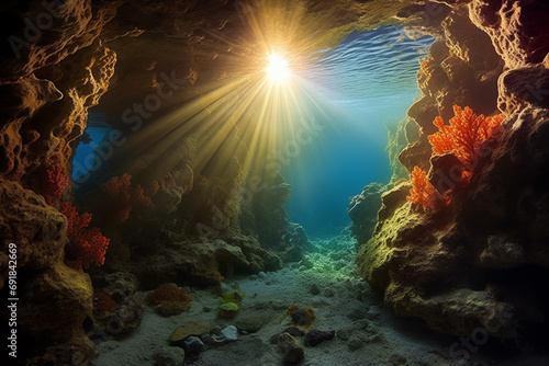 the entrance to an underwater cave within the coral reef