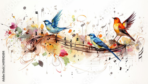 Create a drawing featuring various bird species perched on musical notes or staff lines, creating a harmonious composition photo