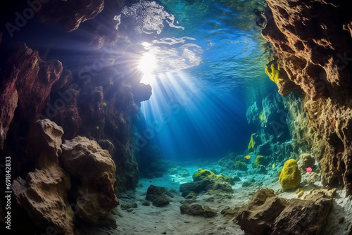 the entrance to an underwater cave within the coral reef