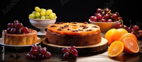 Various fruit cakes on table, specifically Shine Muscat grape cake.