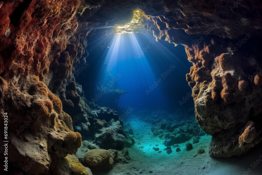 the entrance to an underwater cave within the coral reef the entrance to an underwater cave within the coral reef