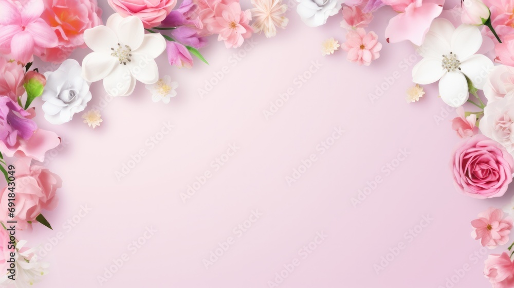 Beautiful floral semicircle with diverse blossoms, petals, and greenery against pink. Floral design and springtime. - obrazy, fototapety, plakaty 