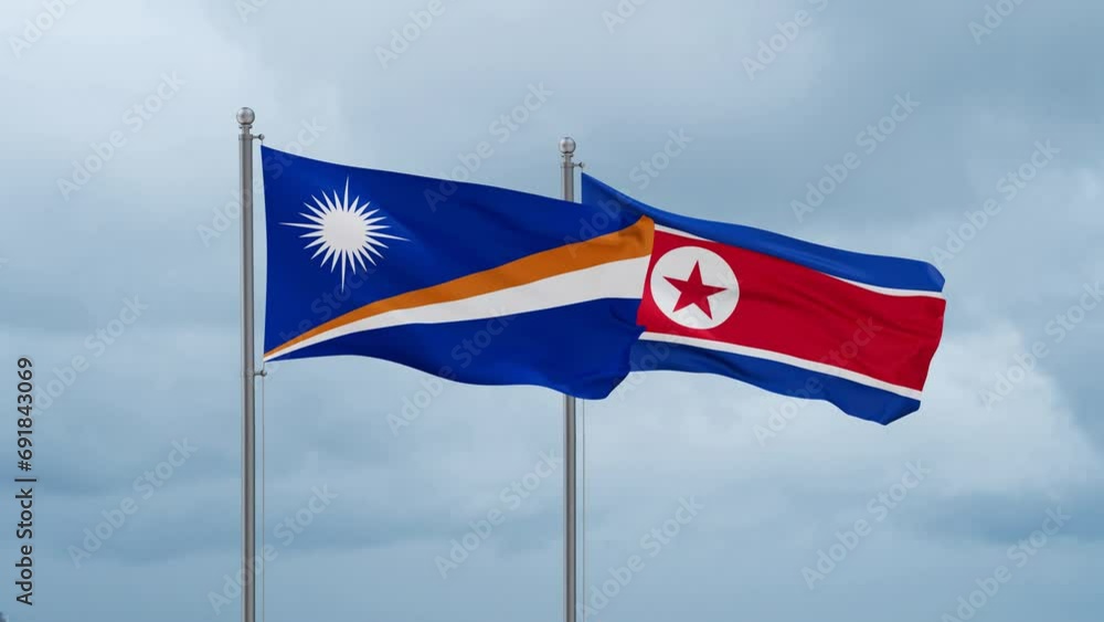 North Korea and Marshall Islands flag waving together on cloudy sky, endless seamless loop North Korea and Marshall Islands flag waving together on cloudy sky, endless seamless loop