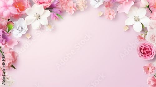 Beautiful floral semicircle with diverse blossoms, petals, and greenery against pink. Floral design and springtime. © Postproduction