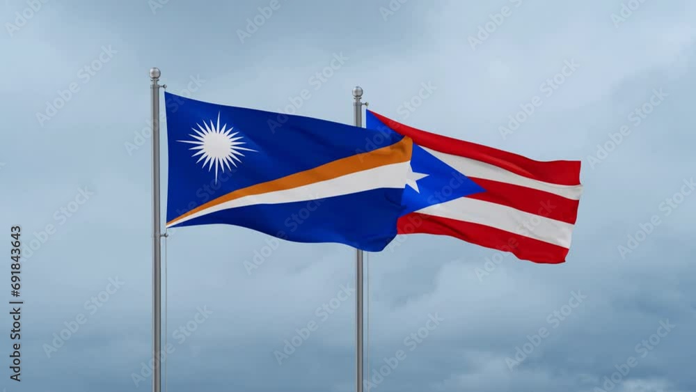 Puerto Rico and Marshall Islands flag waving together on cloudy sky, endless seamless loop, two country cooperation concept Puerto Rico and Marshall Islands flag waving together on cloudy sky, endless seamless loop, two country cooperation concept