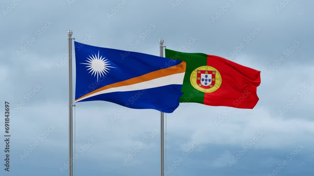 Portugal and Marshall Islands flag waving together on cloudy sky, endless seamless loop, two country cooperation concept Portugal and Marshall Islands flag waving together on cloudy sky, endless seamless loop, two country cooperation concept