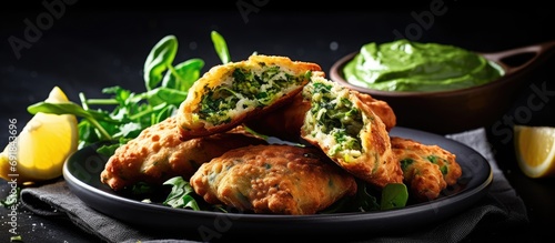 Leinwand Poster Vegan burger fritters with spinach and vegetable pasties, close up