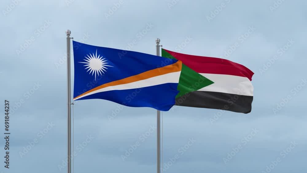 Sudan and Marshall Islands flag waving together on cloudy sky, endless seamless loop, two country cooperation concept Sudan and Marshall Islands flag waving together on cloudy sky, endless seamless loop, two country cooperation concept