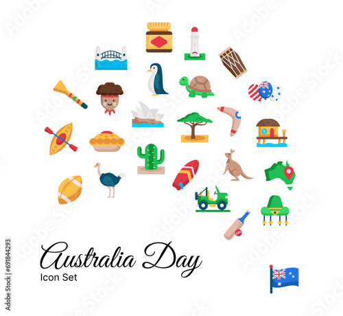 Australia Day Icon Flat Set Maps. Set of Aussie, Flag, Sydney Harbour Bridge, Opera, Lighthouse and more