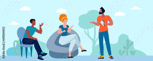 Outdoor recreation with friends, girl and guys.Camping. The girl and the guys are talking. Emotional conversation. Vector illustration