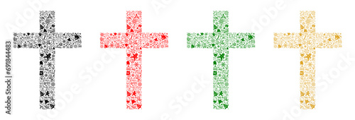 christian cross with christmas elements inside (black, red, green, gold)