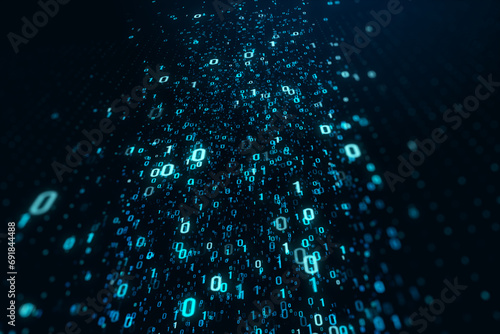 Abstract binary coding on dark background. Matrix and security concept. 3D Rendering.