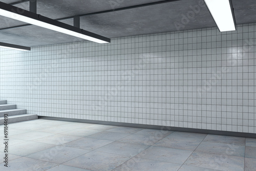 Bright underground passage with ceiling lamps and stairs. Mock up place. Subway tile wall. 3D Rendering. photo