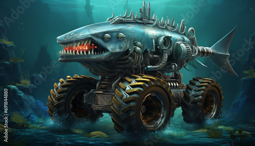 Create a monster truck inspired by the depths of the ocean. Add elements like fish scales, seaweed, and a submarine-like appearance to make it look like it's crushing photo