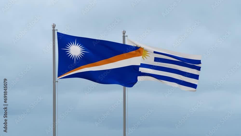 Uruguay and Marshall Islands flag waving together on cloudy sky, endless seamless loop, two country cooperation concept Uruguay and Marshall Islands flag waving together on cloudy sky, endless seamless loop, two country cooperation concept