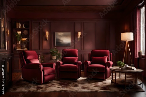 A plush maroon recliner highlighted by warm ambient lighting.