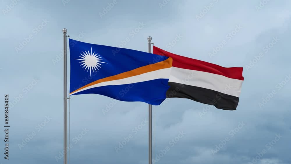 Yemen and Marshall Islands flag waving together on cloudy sky, endless seamless loop, two country cooperation concept Yemen and Marshall Islands flag waving together on cloudy sky, endless seamless loop, two country cooperation concept