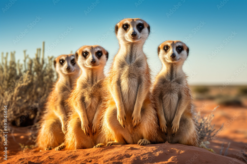 A family of meerkats, standing alert on their hind legs, keeping a watchful eye on the surrounding desert. A family of meerkats, standing alert on their hind legs, keeping a watchful eye on the surrounding desert.