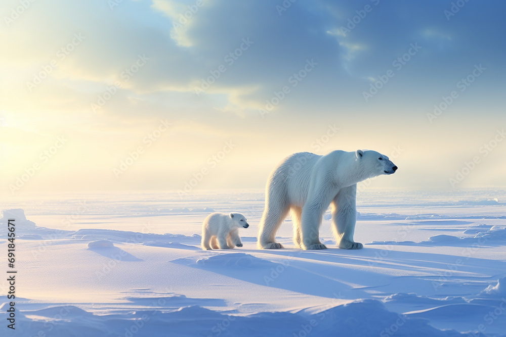 A mother polar bear and her cubs, navigating the vast Arctic expanse in search of food and shelter. A mother polar bear and her cubs, navigating the vast Arctic expanse in search of food and shelter.
