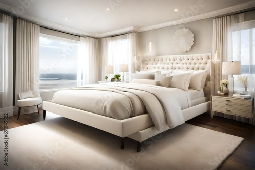 A serene bedroom with a white upholstered bedframe, cream-colored bedding, and soft ambient lighting creating a tranquil retreat. © LOVE ALLAH LOVE
