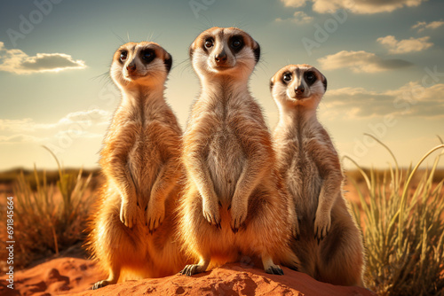 A family of meerkats, standing alert on their hind legs, keeping a watchful eye on the surrounding desert.