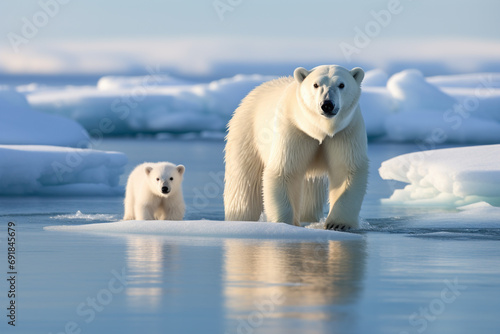 A mother polar bear and her cubs, navigating the vast Arctic expanse in search of food and shelter.