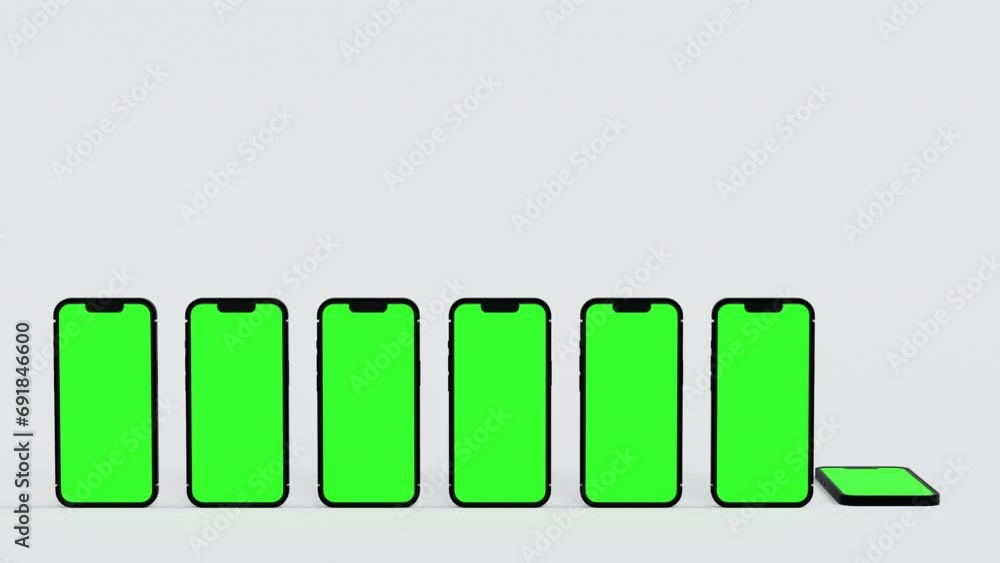 Seven mobile phone with green screen flipping to stand one by one, template for promote application or website, 3D rendering. Seven mobile phone with green screen flipping to stand one by one, template for promote application or website, 3D rendering.