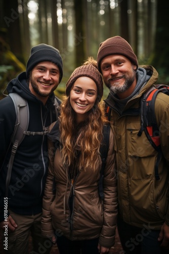Multi-generation family with beaming smiles during a hike in the woods, Generative AI