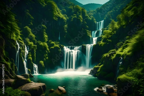 A serene panorama unveiling a series of waterfalls cascading down vibrant, green mountainsides against a clear sky.
