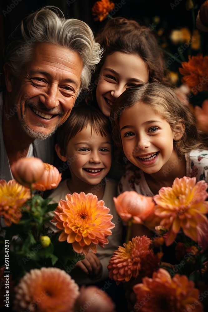 Multi-generation family with wide smiles, surrounded by the beauty of a vibrant garden, Generative AI Multi-generation family with wide smiles, surrounded by the beauty of a vibrant garden, Generative AI