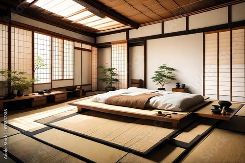A Japanese-inspired bedroom with tatami mats, shoji screens, and minimalist furniture, creating a serene and tranquil retreat.