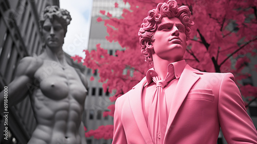 Pink statue of greek god standing in the street of New York cityscape.