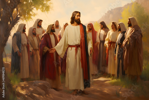 Oil painting of Jesus Christ and his twelve disciples photo