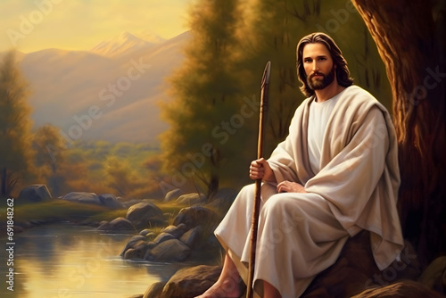 Jesus Christ holding a walking stick and sitting near a river in the evening