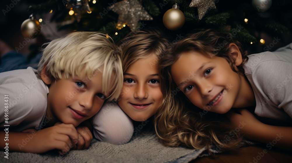A girl and to boys laying on the floor surrounded by christmas trees. A girl and to boys laying on the floor surrounded by christmas trees.