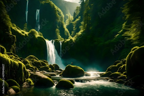 Sunlit streams converging into a majestic waterfall amidst a backdrop of dense, mossy green mountain ranges.