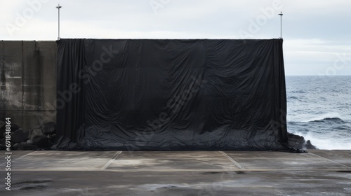 a huge black tarpaulin in between two massive black concrete wall sea defense on the ocean photo