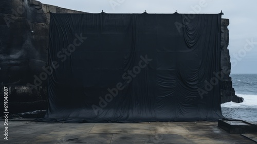 a huge black tarpaulin in between two massive black concrete wall sea defense on the ocean