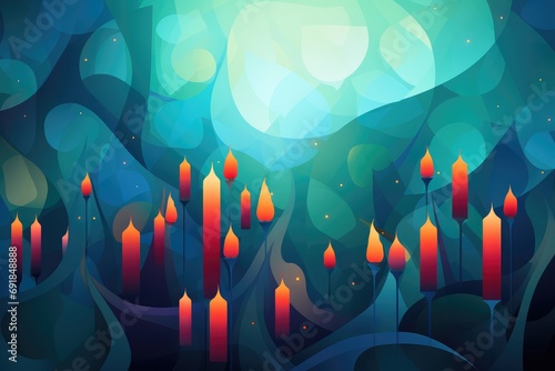 Burning candles on abstract background. Abstract blue background with candles for candlemas or epiphany season. 