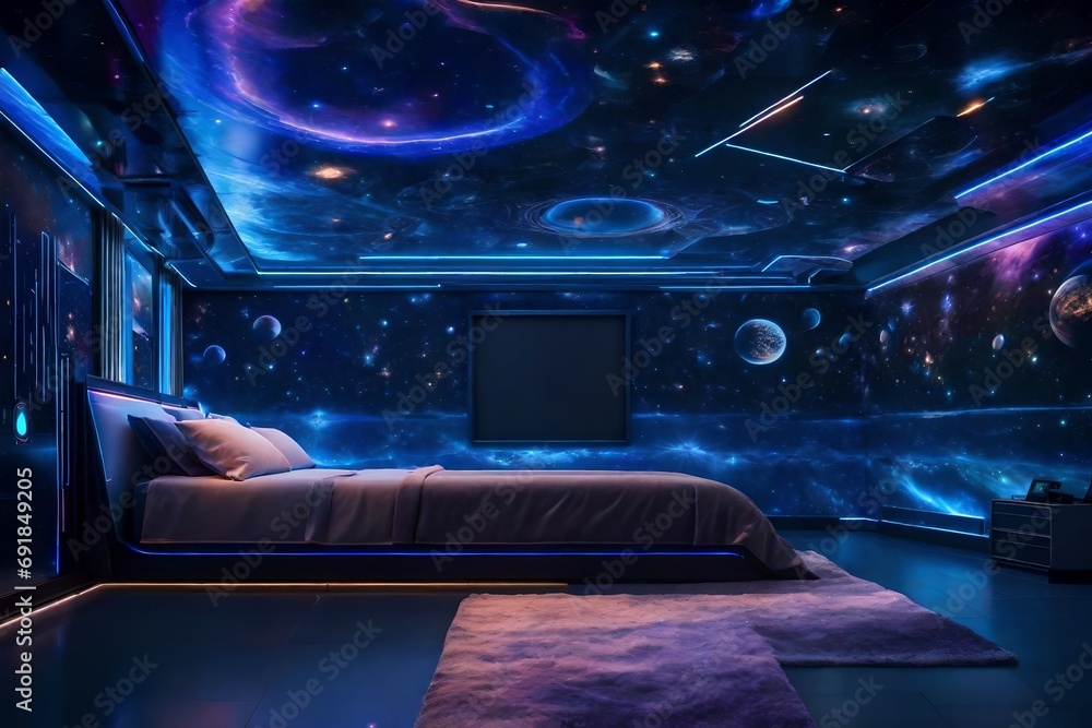 A space-themed bedroom with cosmic murals, glowing stars, and futuristic decor, transporting inhabitants to the depths of outer space. - obrazy, fototapety, plakaty 