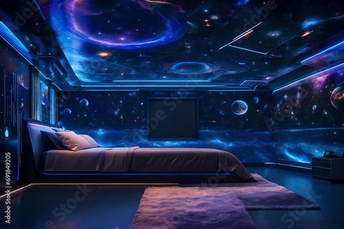 A space-themed bedroom with cosmic murals, glowing stars, and futuristic decor, transporting inhabitants to the depths of outer space.
