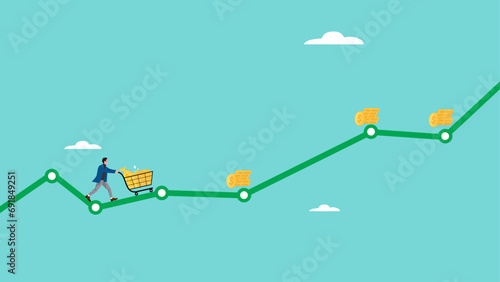 business growth illustration with concept of businessman pushing the shopping cart full of money, business and finance growth concept, affiliate marketing illustration, business growth chart